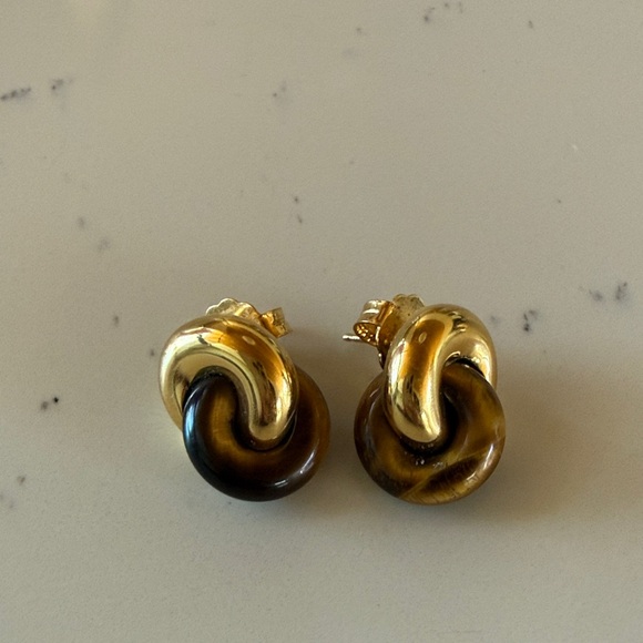 Monica Vinader x Kate Young Tiger's Eye Link Stud 18k Gold Vermeil Earrings - Picture 2 of 9